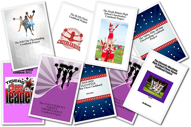 Professionally designed cookbook cheer team fundraising covers ideas available on CookbookFundraiser.com