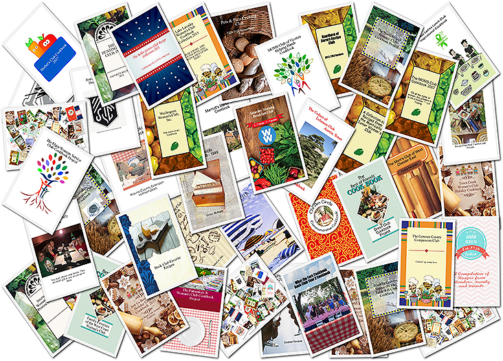 A collage of images of women’s cookbooks that we have helped create.